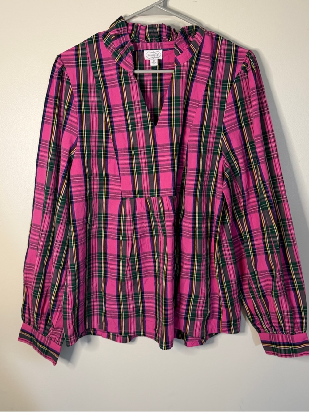 Mud Pie Mitzy plaid top v neck ruffle collar long puff sleeves boutique size M